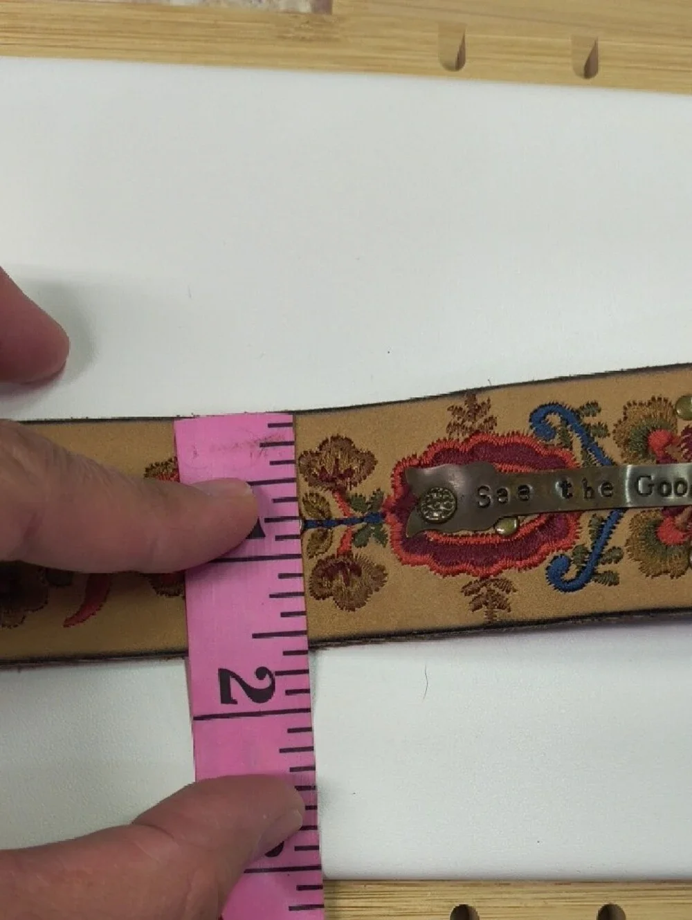 Embroidered Tan Leather Bracelet with Colorful Floral Design TANDY Snaps